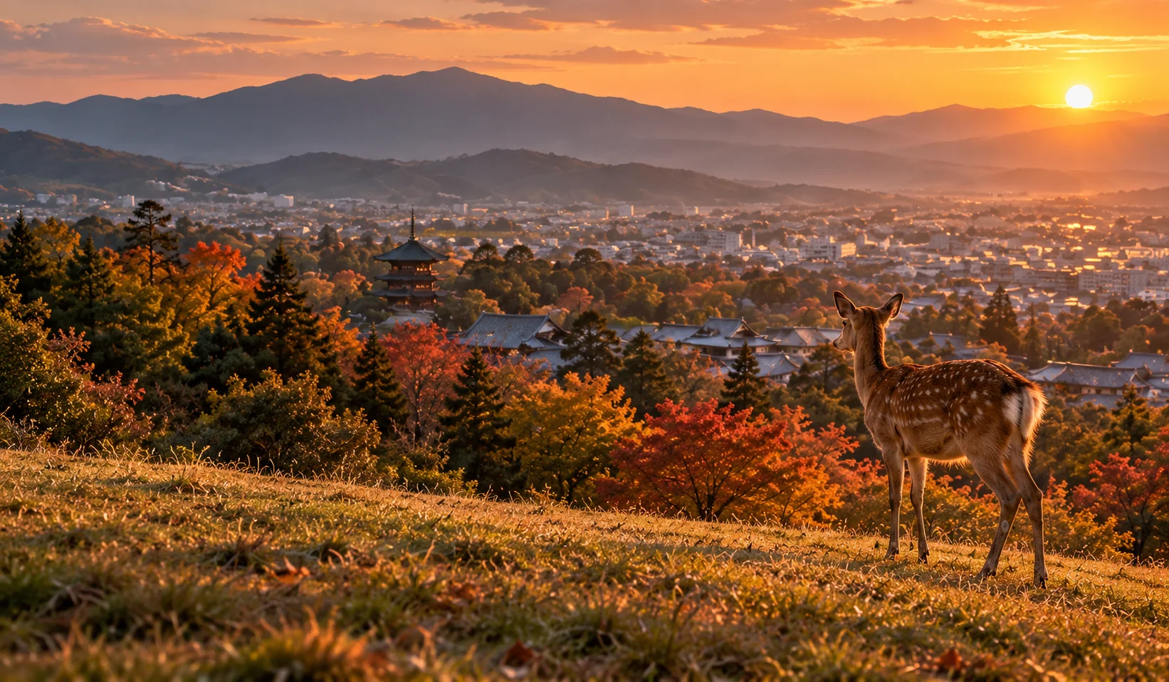 Deer overlooking a Nara-inspired landscape — illustrative image